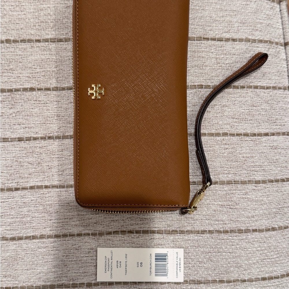 Tory Burch Tan Wristlet with Gold Logo